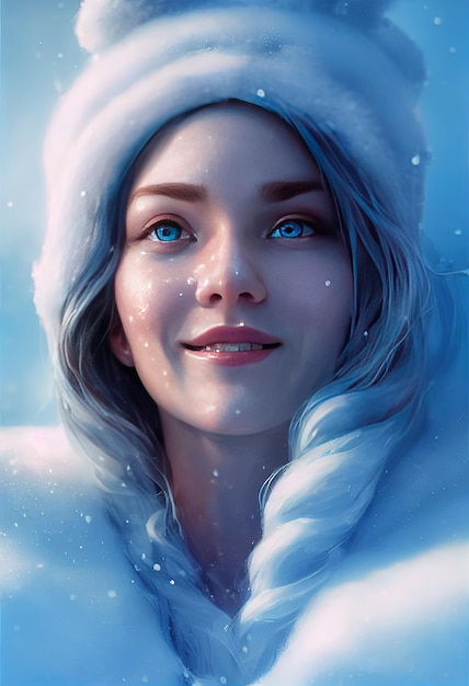 Primer plano retrato Linda chica en invierno estilo navideño Feliz sonriente invierno Diosa de la inspiración que aparece de una salpicadura congelada helada iluminación cinematográfica ilustración de arte digital en estilo 3d