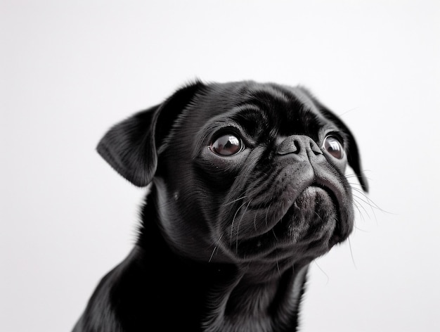 Primer plano retrato lindo perro pug negro sobre fondo blanco aislado Una hermosa foto de perro para anuncios