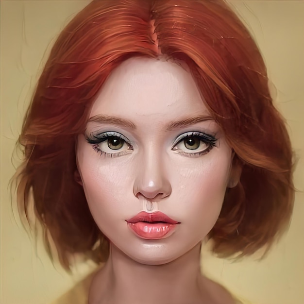 Primer plano de retrato de mujer de belleza pelirroja. Cabello rojo brillante, coloración intensa del cabello. Cabello rizado pelirrojo. Cara de maquillaje de belleza. Ilustración