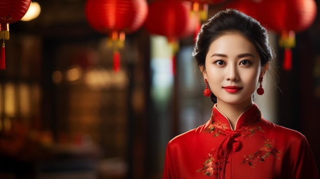 Primer plano retrato de una mujer china asiática con un vestido tradicional cheongsam qipao sobre un fondo borroso de linterna roja Año nuevo chino AI generado
