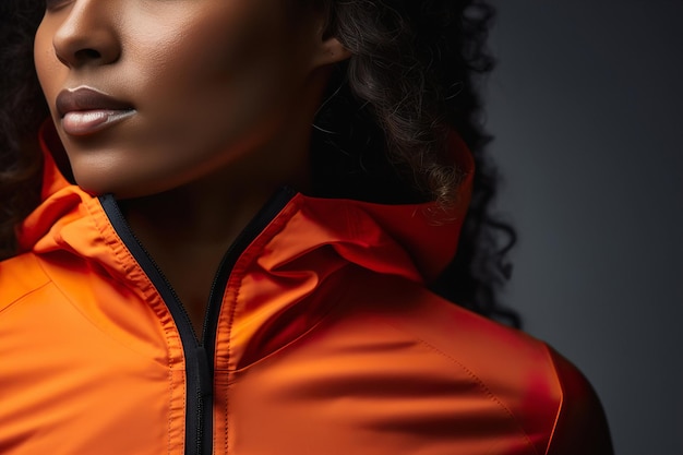 Primer plano retrato de una mujer deportiva con una chaqueta cortavientos de color naranja para entrenar