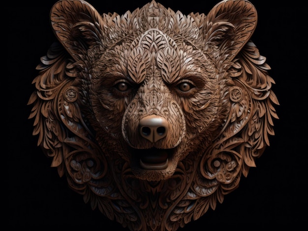 Primer plano retrato de un oso con fondo de elementos de tallado en madera de adorno oriental