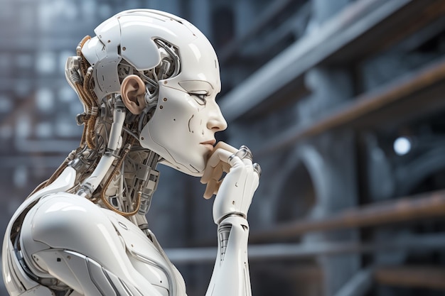 Primer plano retrato de robot humanoide blanco en el fondo tecno futurista Inteligencia artificial Computadora cuántica AI generada