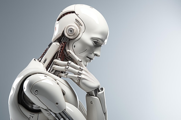 Primer plano retrato robot humanoide blanco pensando y tocando la barbilla en el fondo blanco futurista Inteligencia artificial Computadora cuántica AI generada