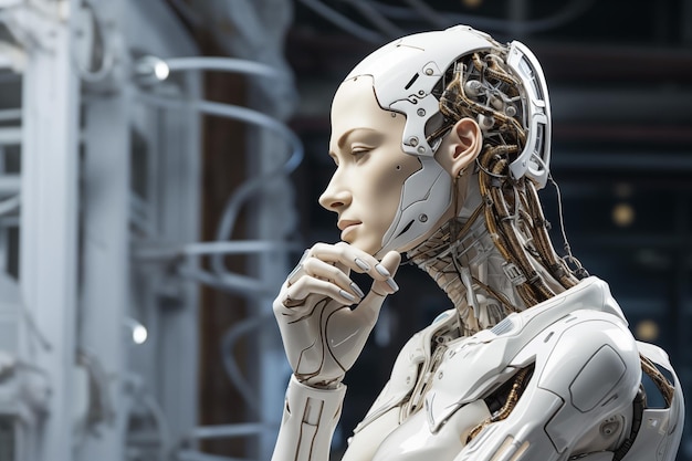 Primer plano retrato robot humanoide blanco pensando y tocando la barbilla en el fondo tecno futurista Inteligencia artificial Computadora cuántica AI generada