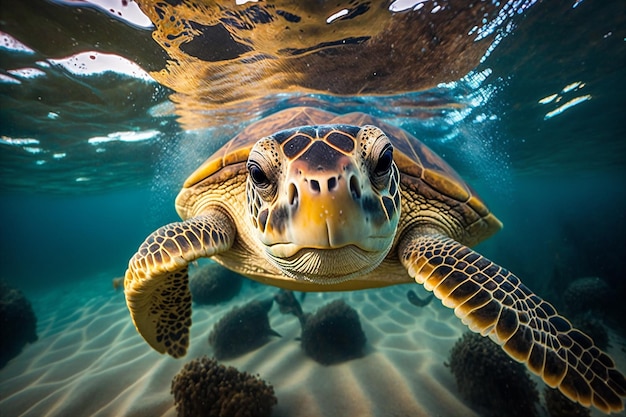 Primer plano retrato de tortuga marina feliz nadando bajo el agua ai generado