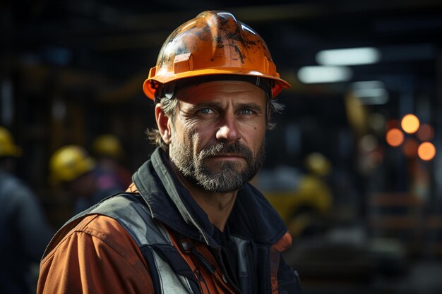 Primer plano retrato de un trabajador con casco de seguridad naranja Concepto del Día del Trabajo