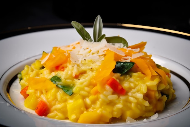 Primer plano de risotto de azafrán con verduras picadas y queso parmesano rallado encima