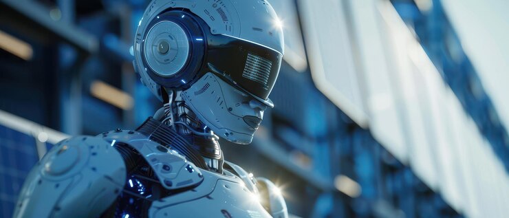 Primer plano de un robot futurista inspeccionando paneles solares que muestran tecnología avanzada