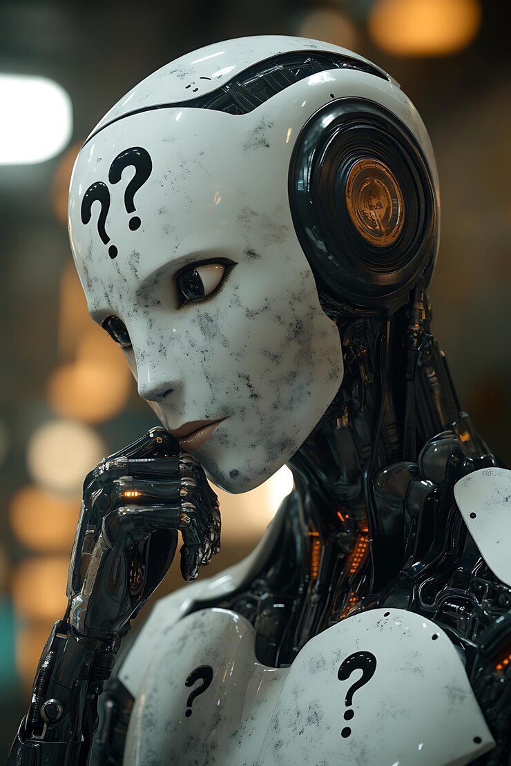 Foto un primer plano de un robot con un signo de pregunta en su cara