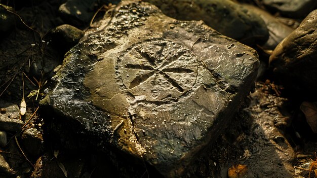 Foto un primer plano de una roca con un símbolo tallado el símbolo es una estrella de seis puntas y está rodeado por un círculo