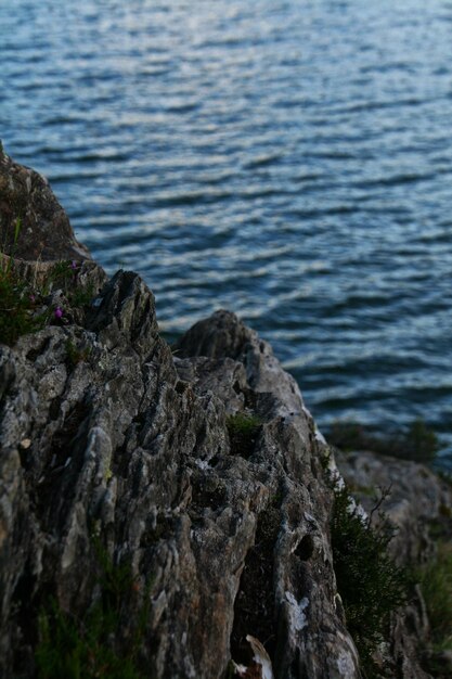 Un primer plano de las rocas junto al mar azul y tranquilo