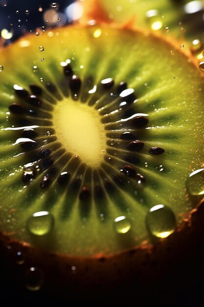 Un primer plano de una rodaja de kiwi con gotas de agua que resaltan su textura y colores