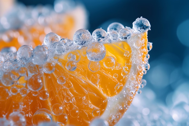 Un primer plano de una rodaja de naranja congelada decorada con gotas de agua brillantes