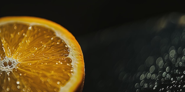 Un primer plano de una rodaja de naranja fresca y jugosa con gotas de agua gaseosa