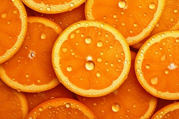 Un primer plano de rodajas de naranja con gotas de agua sobre ellas.