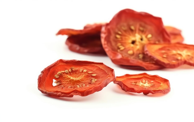 Foto un primer plano de rodajas de tomate ahumado seco sobre un fondo blanco generado por ai