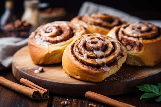 Foto primer plano de rollos de canela frescos caseros o panes de canela generados por ia