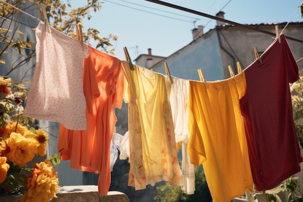 Primer plano de ropa recién lavada secándose al sol