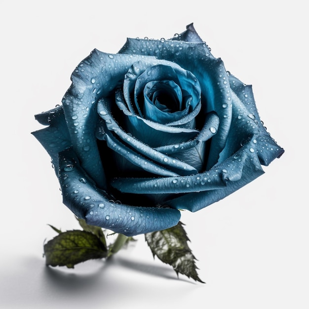 Un primer plano de una rosa azul con gotas de agua sobre ella generativa ai