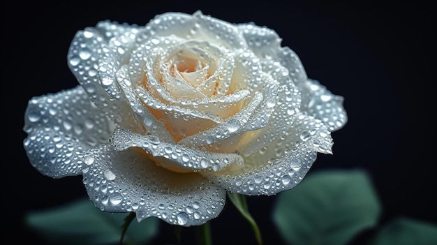 Primer plano de una rosa blanca con gotas de rocío