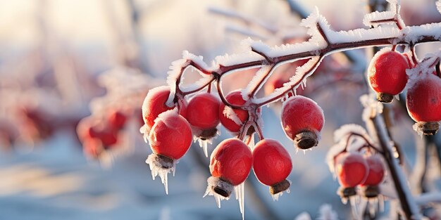 Un primer plano de rosa canina roja madura y congelada en invierno con cristales de hielo