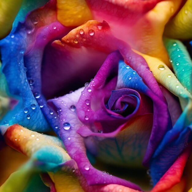 Foto un primer plano de una rosa de color arco iris con gotas de agua generativa ai