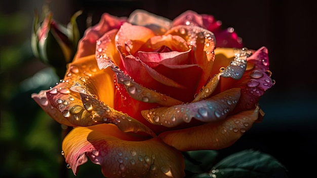 Un primer plano de una rosa con gotas de agua sobre ella