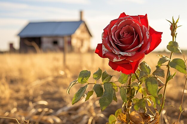 Un primer plano de una rosa con un granero rústico en el fondo