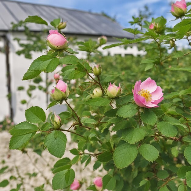 Foto un primer plano de una rosa de perro rosa canina con hojas verdes en verano