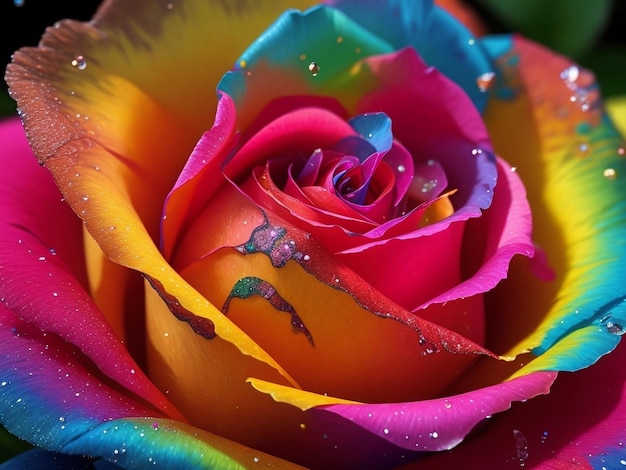 Primer plano de una rosa con pétalos de colores del arco iris cubiertos de pequeñas gotas de agua en fotografía macro