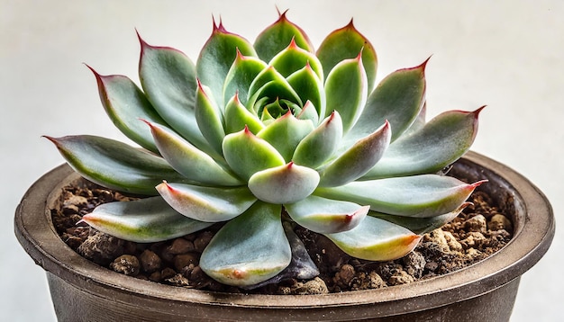 Primer plano de rosa de piedra suculenta en olla cactus verde planta de la casa aislada en blanco