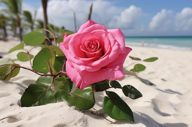 Un primer plano de una rosa con una playa tropical en el fondo