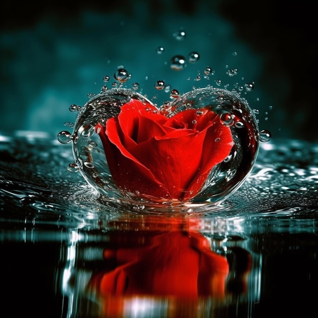 Un primer plano de una rosa roja en un ai generativo de salpicaduras de agua en forma de corazón