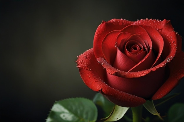 Un primer plano de una rosa roja fresca con gotas de rocío en un fondo oscuro