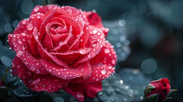 Un primer plano de una rosa roja con gotas de agua