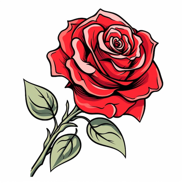 un primer plano de una rosa roja con hojas verdes sobre un fondo blanco ai generativo