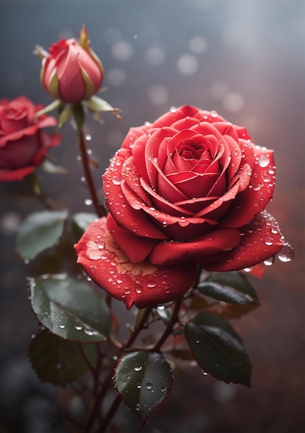 Primer plano de una rosa roja rodeada de gotas de agua de niebla en la rosa