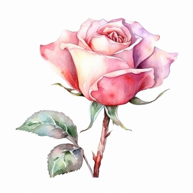 un primer plano de una rosa con un tallo y hojas generativas ai