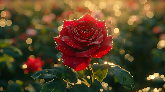 Un primer plano de una rosa de té híbrida roja entre la hierba en un paisaje natural