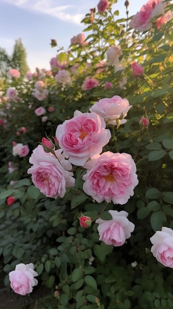 Un primer plano de un rosal rosa