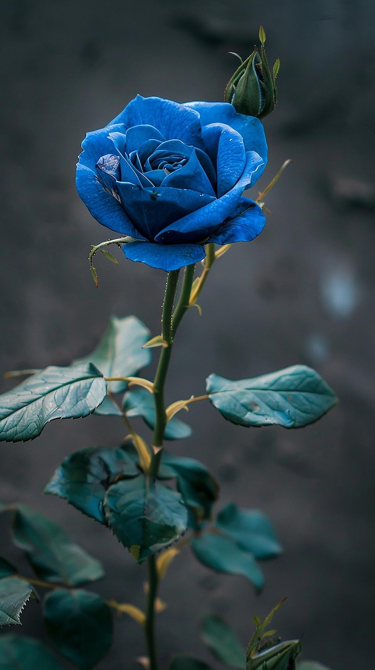 Un primer plano de rosas azules con gotas de agua