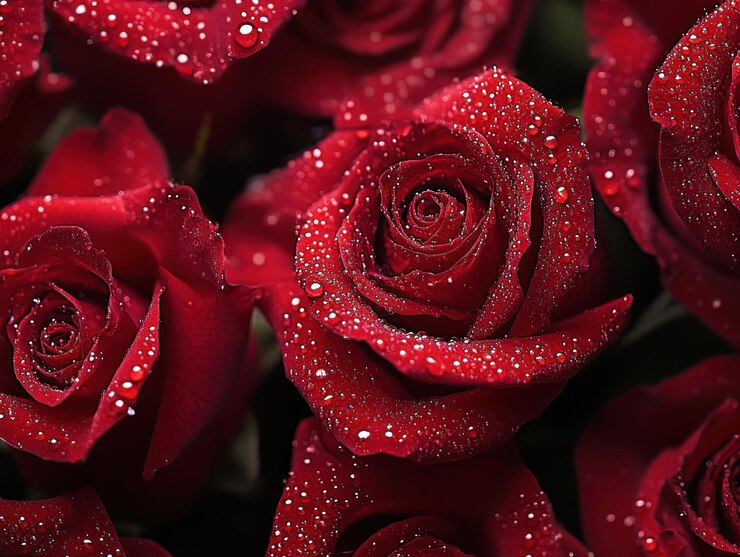 Un primer plano de rosas rojas con gotas de rocío