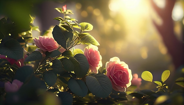 Un primer plano de rosas rosadas a la luz del sol