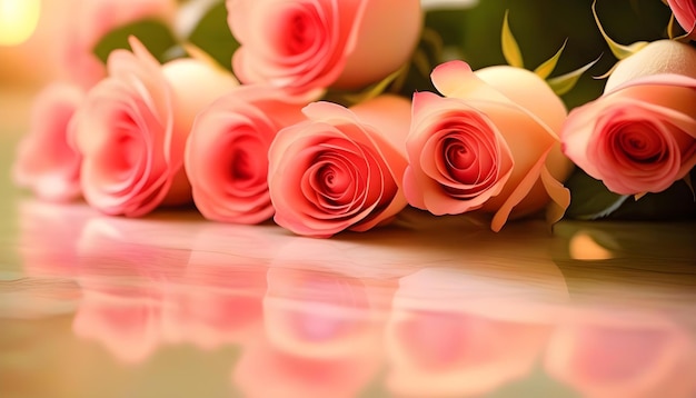 Un primer plano de rosas rosas en una superficie de mármol reflectante con la luz del sol brillando sobre ellas