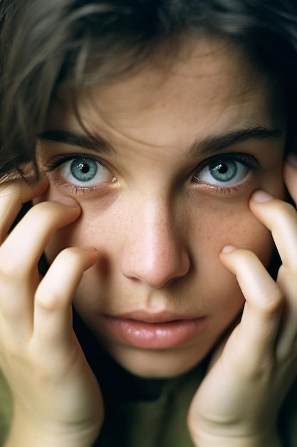 Foto un primer plano del rostro de una mujer preocupada sosteniendo su cabeza