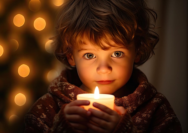 Un primer plano del rostro de un niño iluminado por el cálido resplandor de una vela mientras escucha un Chri