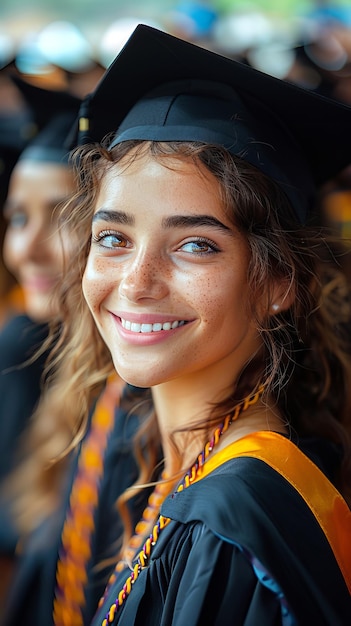 Foto primer plano de los rostros de los graduados radiantes de alegría y orgullo tema de la educación y la graduación