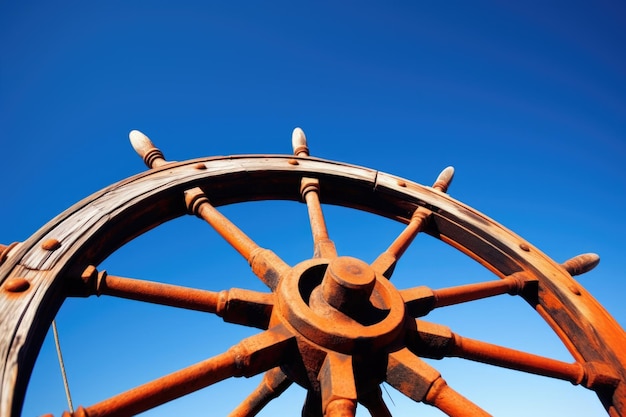 Foto un primer plano de una rueda de barco contra un cielo azul claro