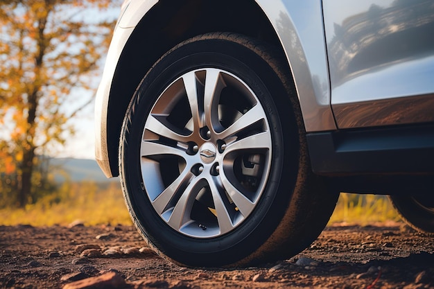 Foto primer plano de una rueda de coche estacionada con llanta de aluminio